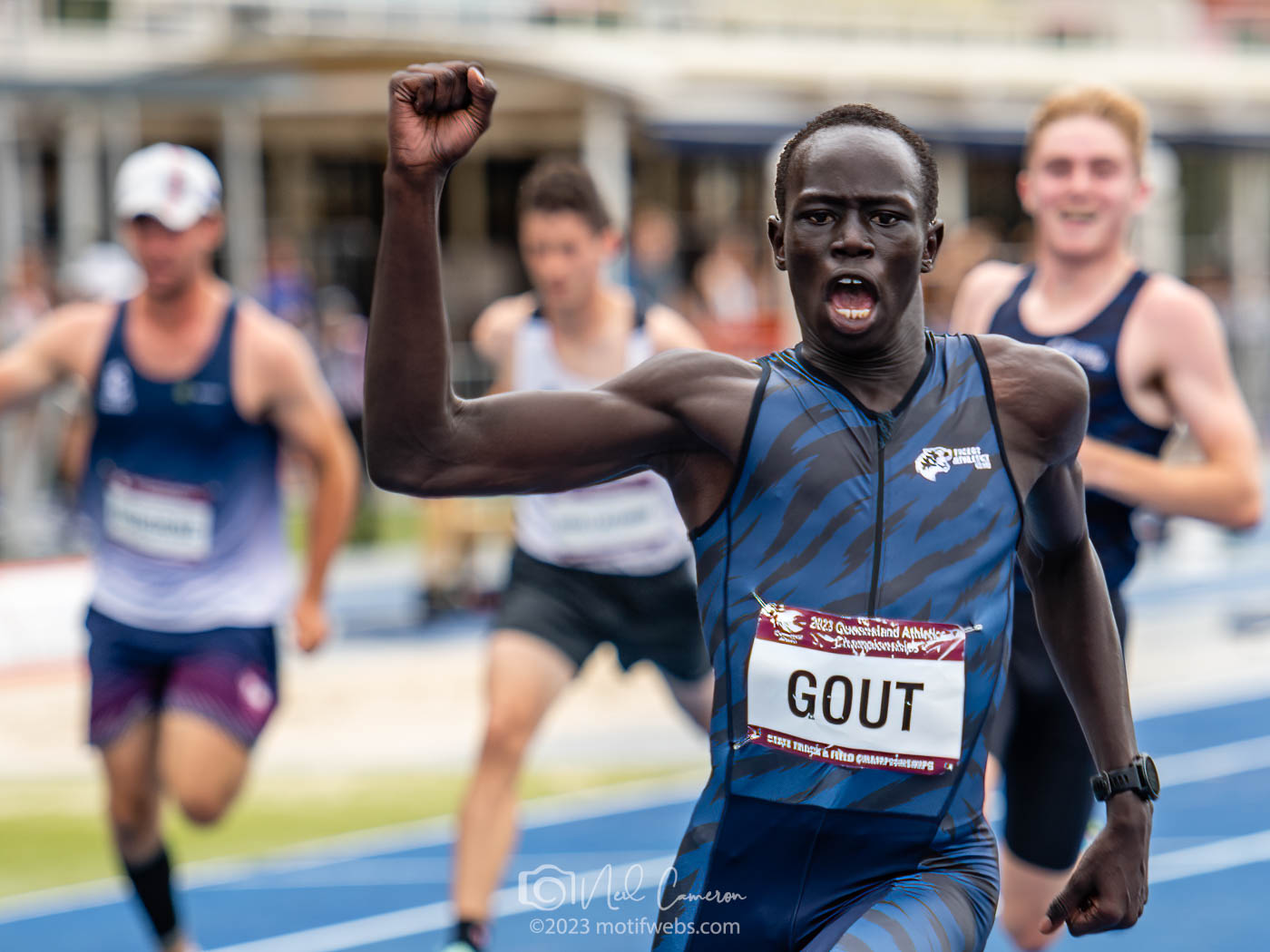 Gout Gout celebrates victory.  Qld Athletics Championships, Brisbane, 11 March 2023